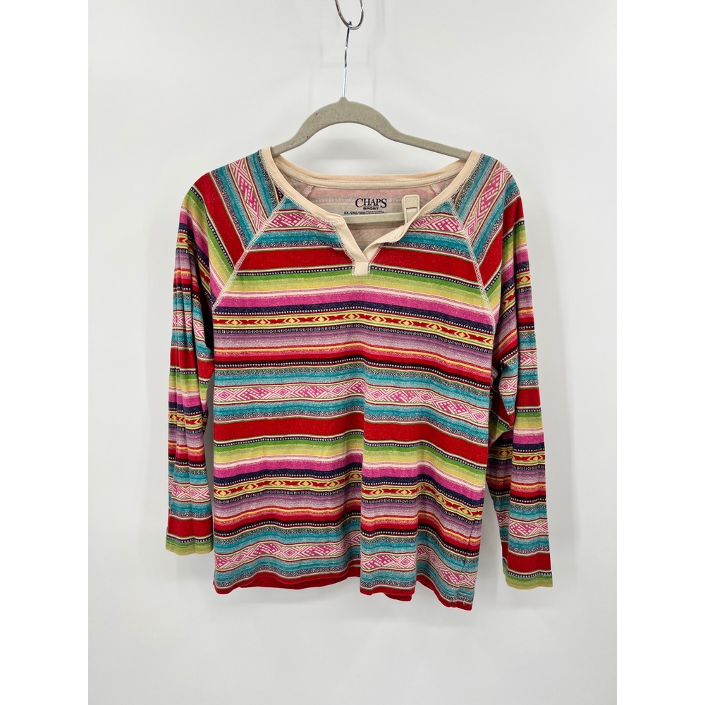 Chaps Sport Plus 2X Multicolor Striped‎ Long Sleeve Cotton Southwest Aztec Knit